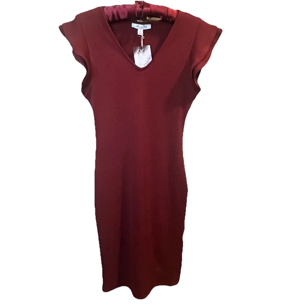 She+Sky Ribbed Burgundy Bodycon Sheath Dress Flutter Sleeves Stretchy Small New